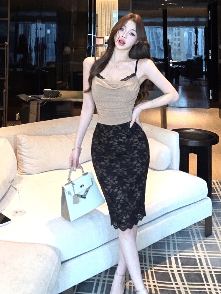 Sexy Pure Desire Contrast Color Splice Lace Wrap Body Half Skirt Knitted Open Cardigan Set Women's Fashion Summer Outfit