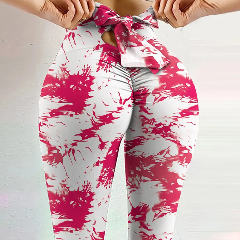 Tie-dye yoga pants, fitness, quick-dry, athletic, compression leggings, high waist, peach-colored hips, base layer pants.