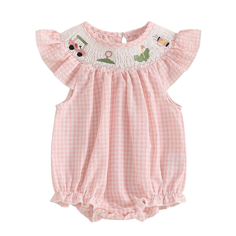 

Baby Girls Rompers Golf Embroidery Plaid Round Neck Fly Sleeve Infant Bodysuits Jumpsuits