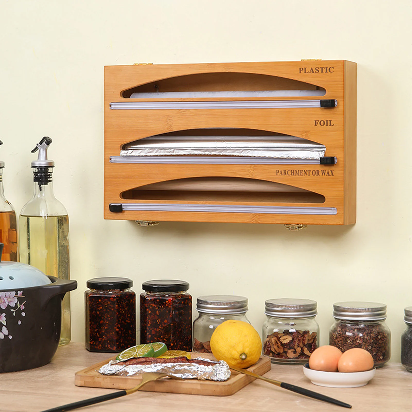 Acrílico Food Wrap Dispenser com cortador, Cling Film Storage Organizer, 3 em 1, Folha Organizador para gaveta da cozinha, Novo