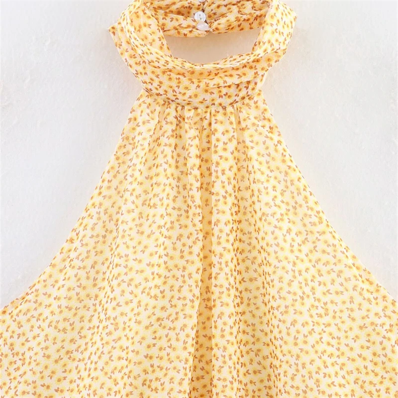 Keyanketian 2025 verão novo feminino halter floral mini vestido férias vento em camadas babados decoração magro sem costas vestidos de impressão