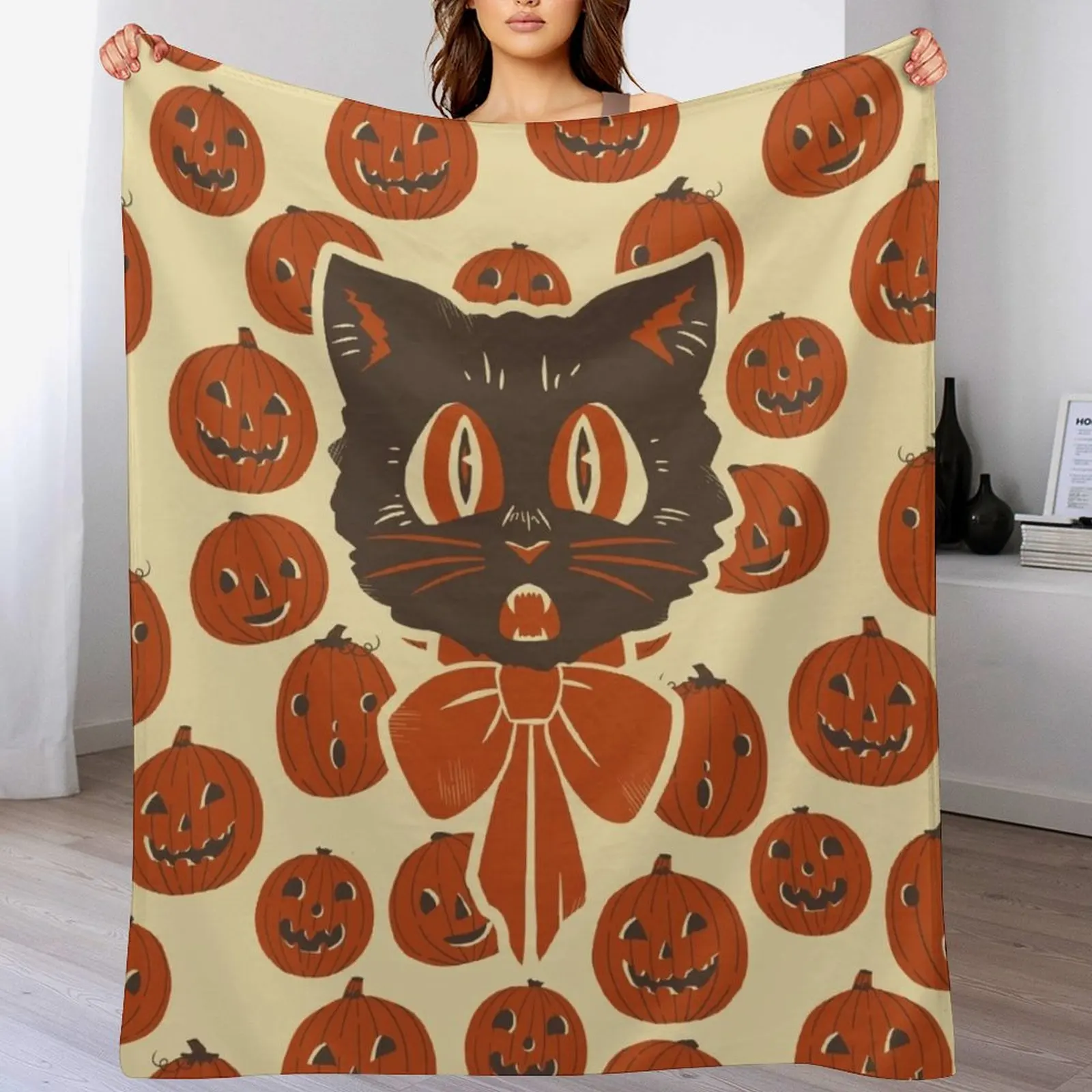 

Vintage Inspired Halloween Scaredy Cat Throw Blanket Soft Big Bed covers anime Heavy Blankets
