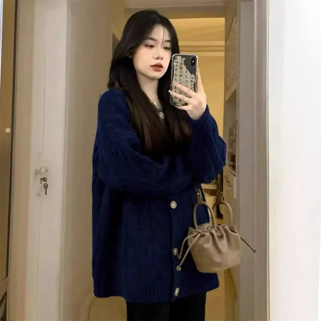 

Women's Solid Color Twist Sweater Coat Korean Loose Knitted Cardigan Thickened Autumn Winter Outer Wear Top