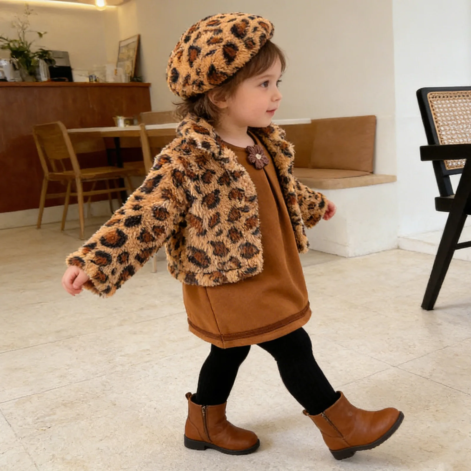 Baby Girls Clothes Winter Fashion Leopard Print Long Sleeves Fleece Coat with 3D Flower Dress Hat Holiday Birthday Party Outfits
