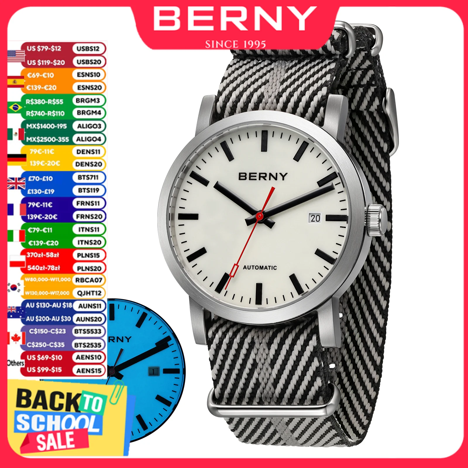 BERNY Automatikuhr Herren 40mm Leuchtend MIYOTA 8215 Nylonarmband Saphir 50M Wasserdicht Herren Mechanische Uhr