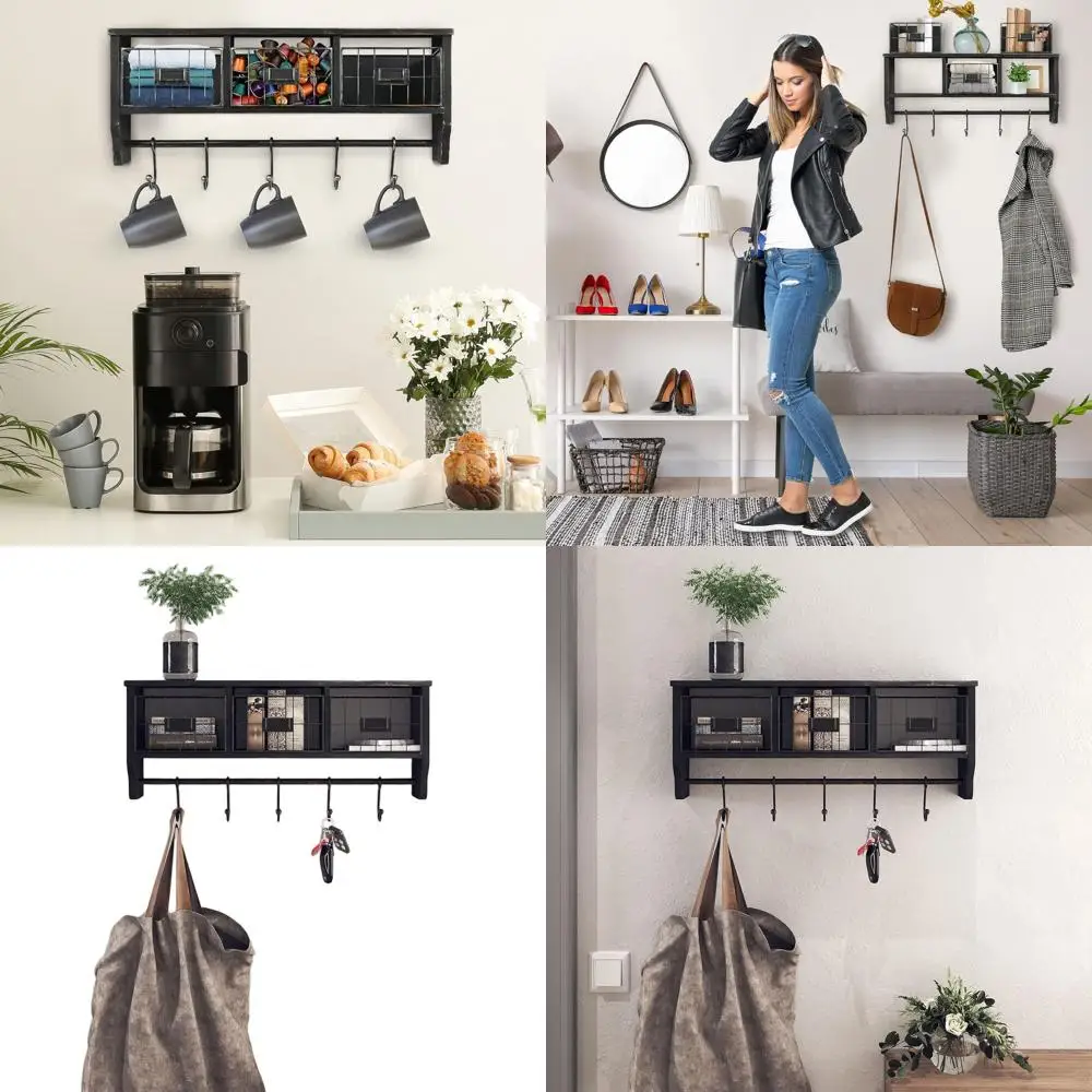 

Широкая настенная полка из массива дерева в деревенском стиле, черная, с крючками для одежды и корзинами для организации пространства в прихожей