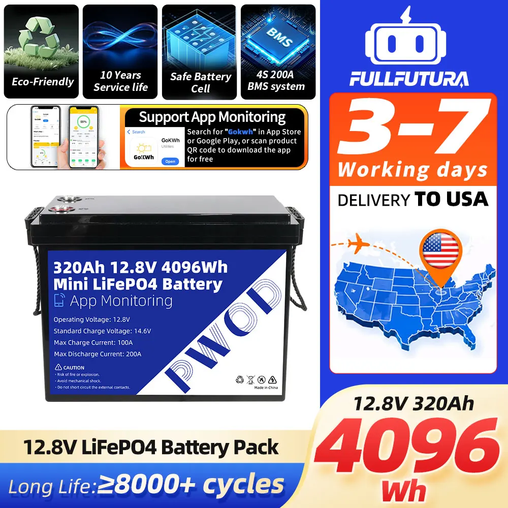 US Stock Lifepo4 12V 320Ah Battery 4096Wh APP Mornitoring Brand New Rechargeable LFP Batteries Pack Built-in 4S 200A BMS 8000+ Cycles Grade A Lithium Iron Phosphate Cells Mini Size DIY 4 Series/Parallel For Camping Outdoor Trolling Motors RV Marine Yacht