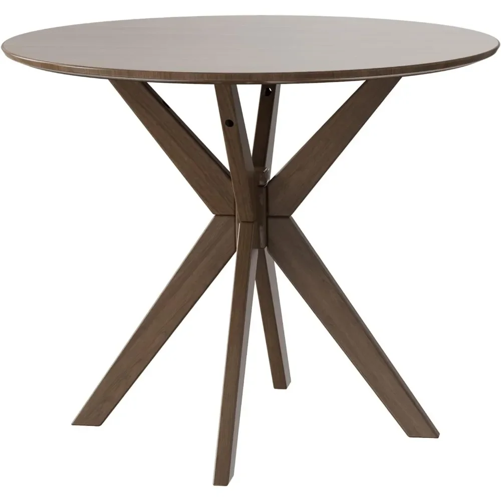 36" Round Wood Dining Table, Farmhouse Kitchen Table w/Intersecting Pedestal Base & Solid Wood Legs, , Brown