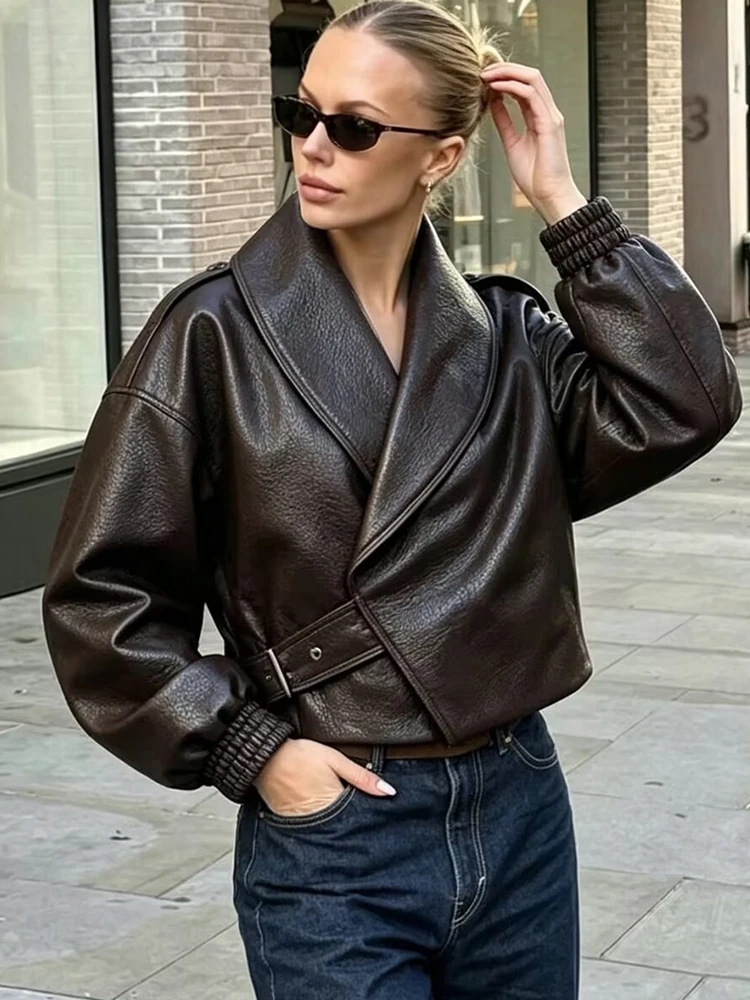 New Women's Lapel Leather Coat Elastic Waist Loose Oversized Solid Vintage Jacket Coat 2026 Autumn Female Casual Versatile Wear