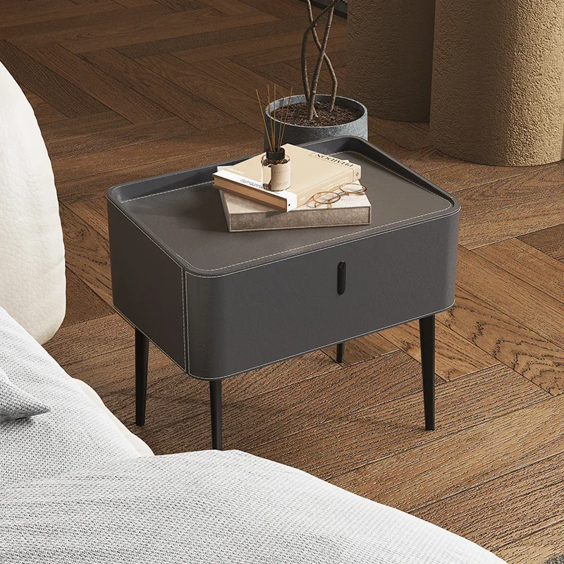 Premium Italian minimalist light luxury solid wood wear-resistant saddle leather mini small bedside table bedroom bedside locker