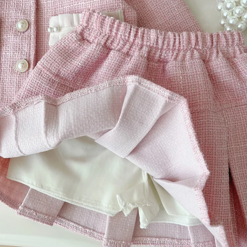 Conjunto de falda pequeña fragante para niña, conjunto de dos piezas de color rosa, ropa para niña de 2 a 8 años, otoño, 2024