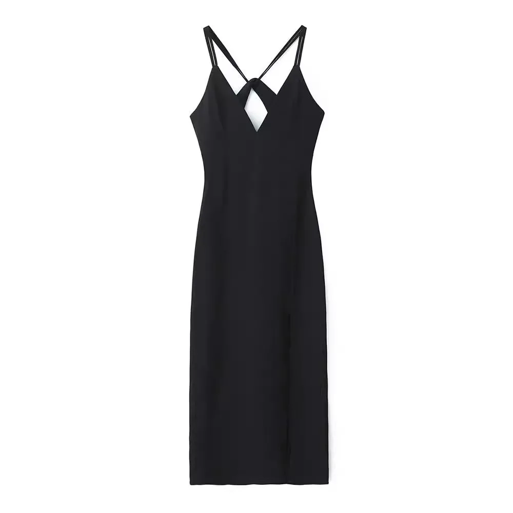 

Women Fashion Black Back Hollow Out Front Slit Side Zipper Midi Dress Vintage Straps V-Neck Female Chic Lady Dresses
