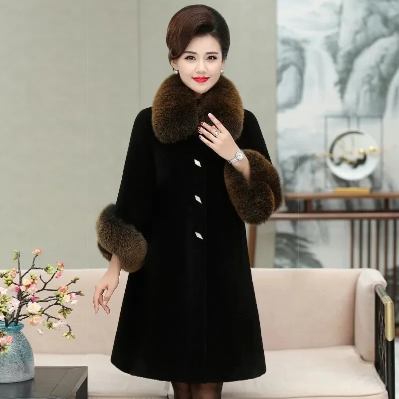 Golden Mink Fur Coat Women's High End Fox Fur Collar Parkas Mother's Winter Jacket Middle Aged Elderly Mink Velvet Overcoat 5XL