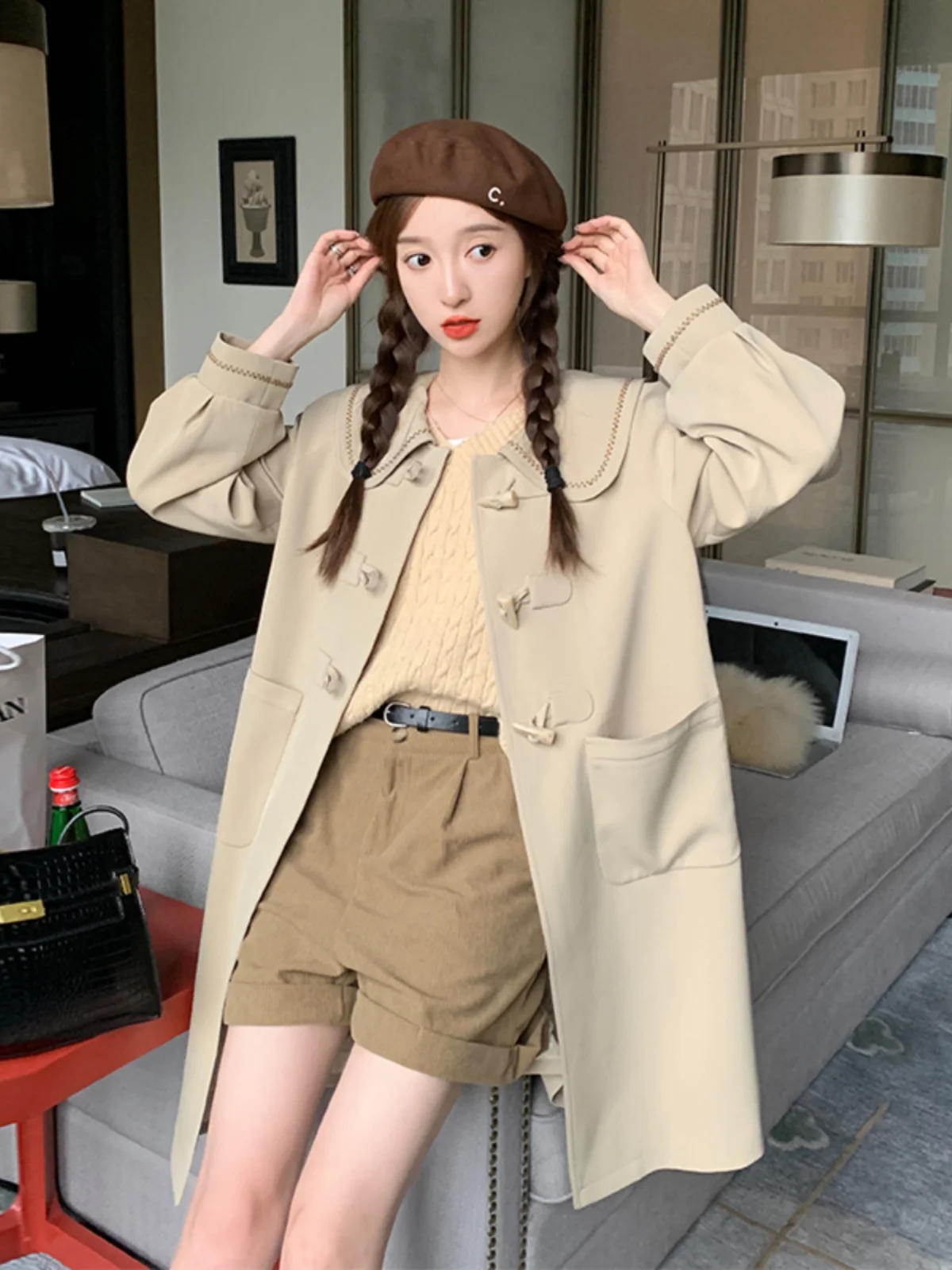 

Khaki Doll Collar Coat Women's Mid-Length Spring Autumn 2025 New Elegance Korean Version Buttoned Coat Commute Sle Straight