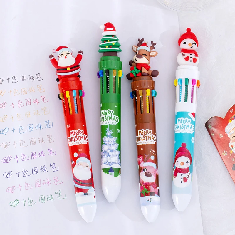 Leuke Kawaii Kerst Veelkleurige Balpen Cartoon Kerstman Sneeuwpoppen 10-kleuren Drukpennen Student Briefpapier Geschenken