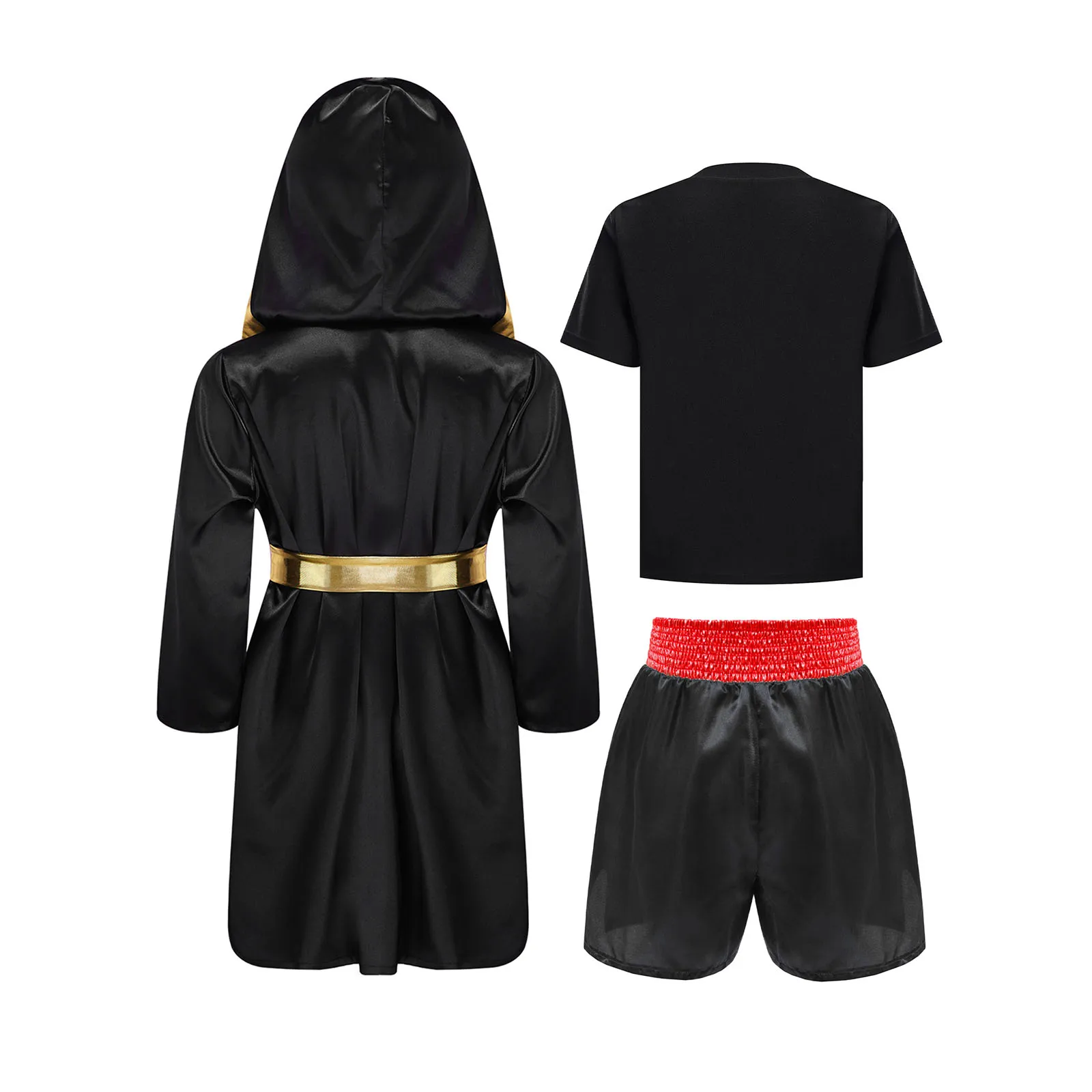 Kids Boys Boxing Outfit Crew Neck Sequin Shiny Letter Printed T-shirt with Shorts Robe And Belt Set for Halloween Cosplay Party