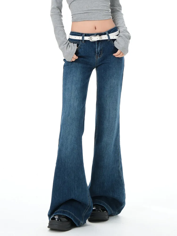 

Осень-зима 2022, винтажные расклешенные джинсы с низкой талией, женские повседневные однотонные тонкие эластичные джинсовые брюки Y2K, женские