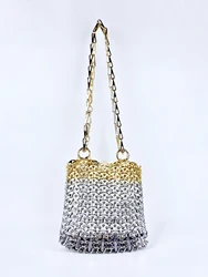 Niche design aluminum handmade bag with gold and silver color matching metal chain sequin bag, trendy underarm bag