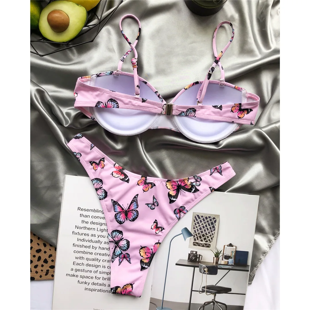 Bikini mit Bügel, Push-up-Effekt, Damen-Badebekleidung, zweiteiliges Bikini-Set, mit Schmetterlingsmuster, Badeanzug, Schwimmbekleidung V3200 – Detail 9