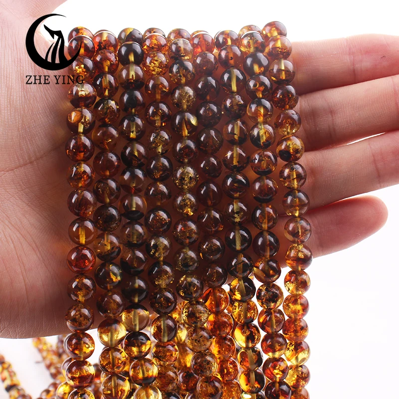 Zhe Ying Genuine Round Piebald Amber Beads Loose Natural Healing Power Stone Beads for Jewelry Making Bracelet Diy Accessories