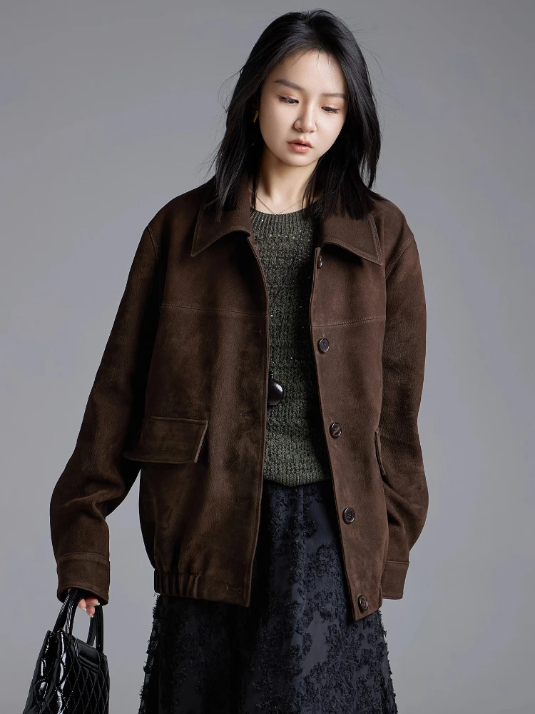 سترة كلاسيكية من الجلد الطبيعي للنساء لخريف وشتاء الراقية بسيطة واحدة الصدر من جلد الماعز الحقيقي