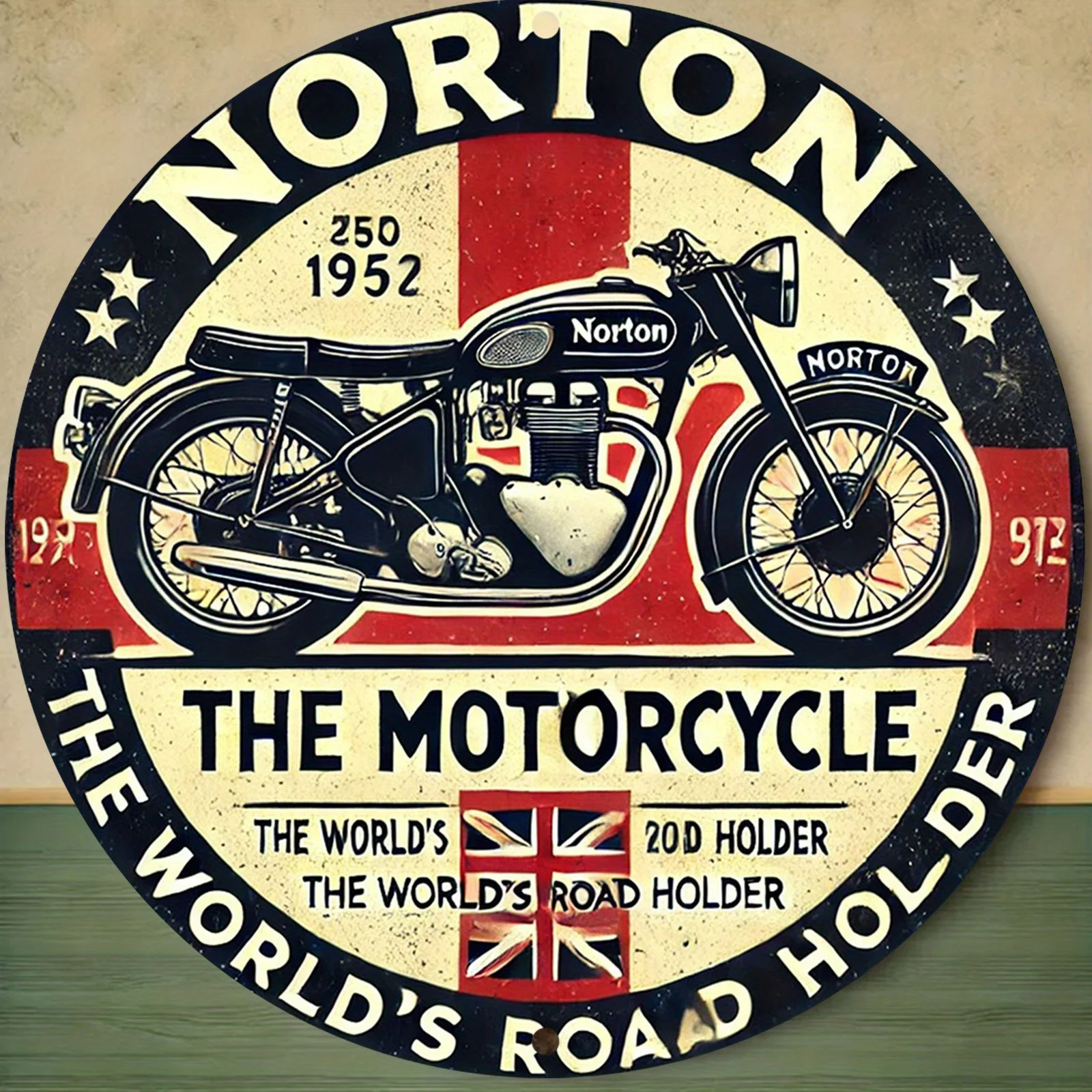2D Flat, Motorcycle-Themed Vintage British Flag Metal Wall Sign - 20.32x20.32 cm Aluminum Norton Motorcycles Logo Retro for Cave