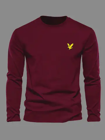 100% algodão puro masculino manga comprida em torno do pescoço solto padrão de águia dourada impresso primavera e outono casual versátil camiseta topo