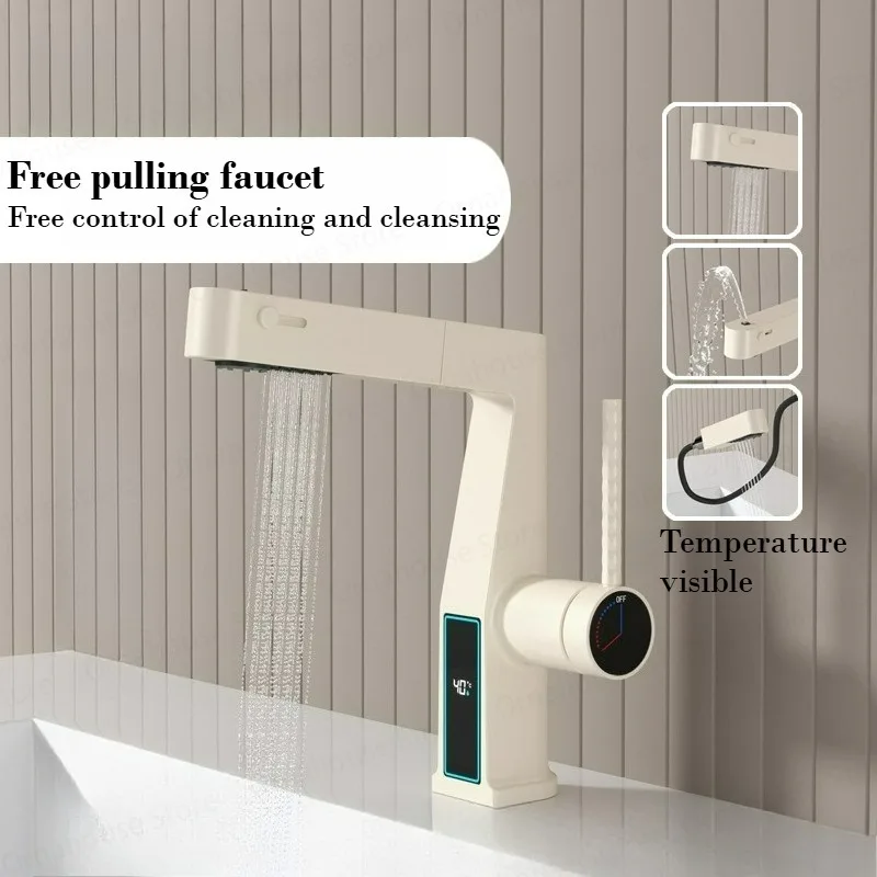

Pulling Lifting Digital Display Bathroom Faucet Pull Out Sink Mixer Hot and Cold 3 Functions Spray Tap Single Handle Tap