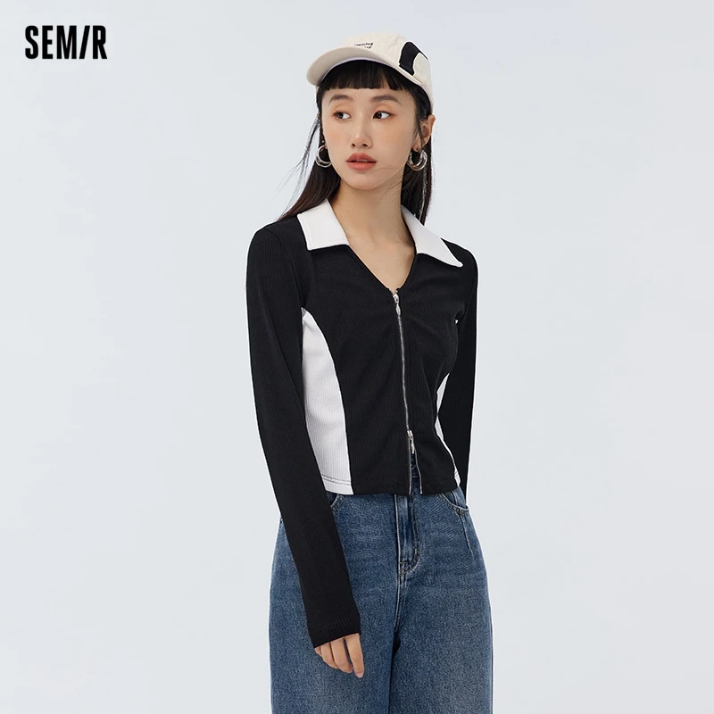 Semir 2024 Long-Sleeved T-Shirt Women Short Contrasting Color Slimming Temperament Knitted Cardigan Versatile New Style Tee