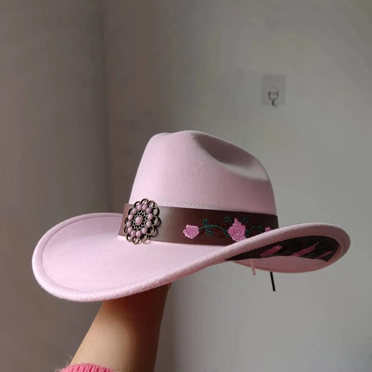 Embroidered Pink Applique Cowboy Hat 2024 Spring New Men's and Women's Panama Hat Retro Elegant Cowboy Hat Sombrero Hombre