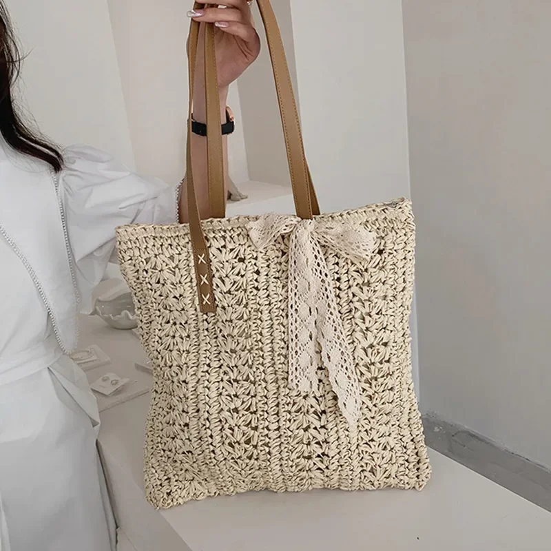

Square Hollow Straw Beach Bag - Handmade Woven Raffia Rattan Shoulder Tote for Women - Bohemian Summer Travel Shopping Bag