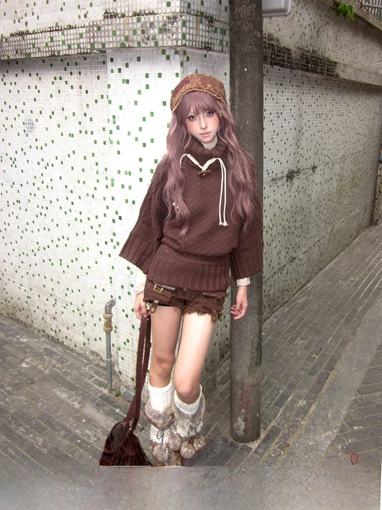 

Thiened Autumn Winter Women's Knitwear Coat Collar Sweater Coffee Color Vintage Retro Button Street Sle Loose Fit Long Sl...