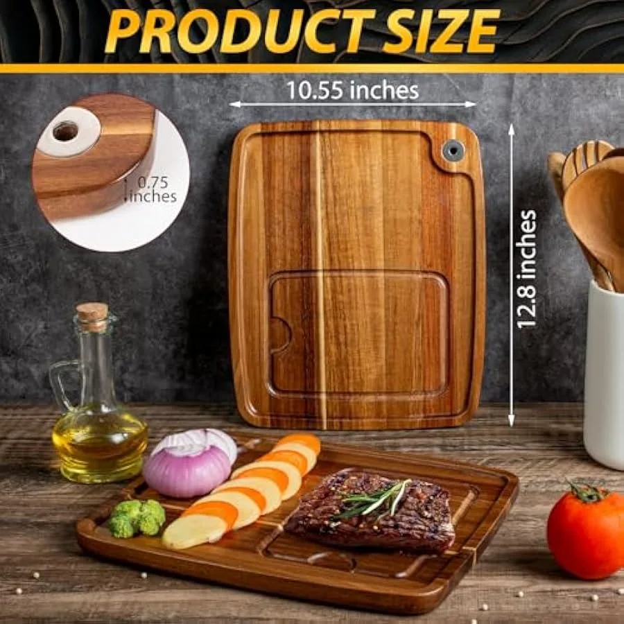 أطباق شرائح لحم خشبية مع قناة عصير - لوح تقطيع خشبي لخدمة شرائح اللحم - مجموعة أطباق مثالية لمحبي الشواء - مريلة سيزلينج