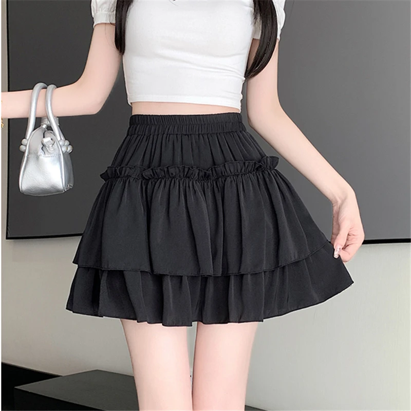 Verano Kawaii elástico de cintura alta negro blanco falda con volantes mujeres moda Slim Fit gasa Mini Faldas Giris Y2k todo fósforo Faldas