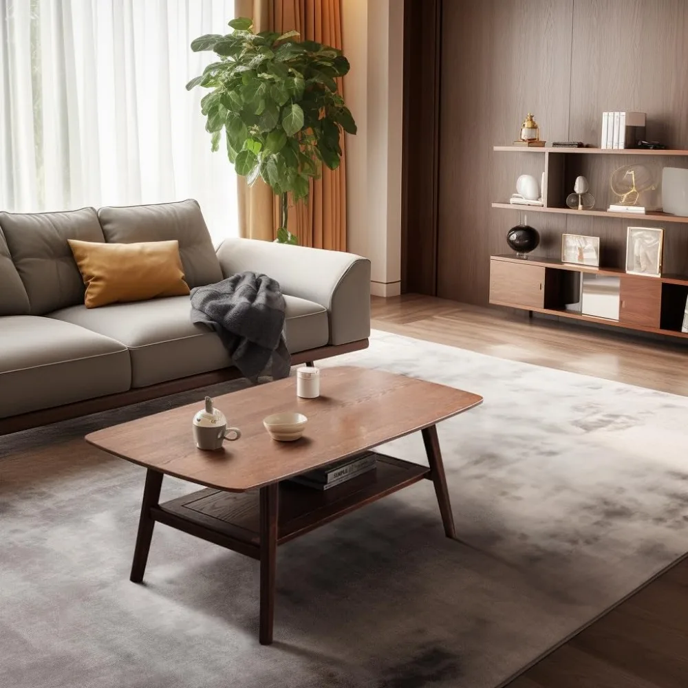 Rustic Farmhouse Style Oak Coffee Table with Storage and 2-Tier Shelf for Living Room