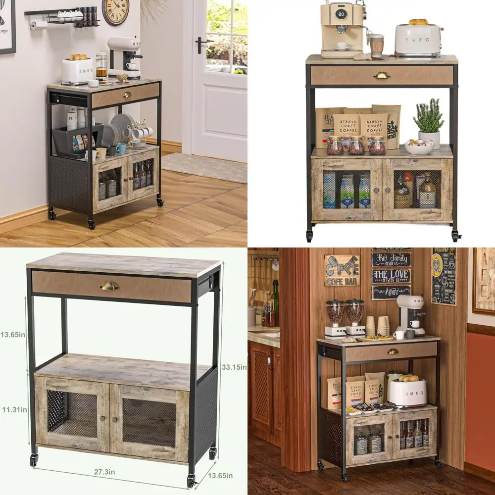 

3-Tier Mobile Coffee Bar Cart with Drawer, Farmhouse Style Serving Table on Wheels for Home Use in Living Room, Entryway, Dining