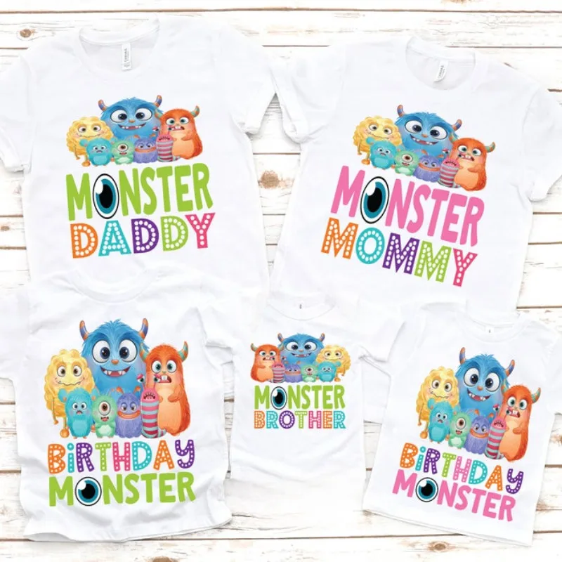 

Cartoon Monster Birthday Boy T-shirt Funny Family Matching Outfits White Set Party Clothes