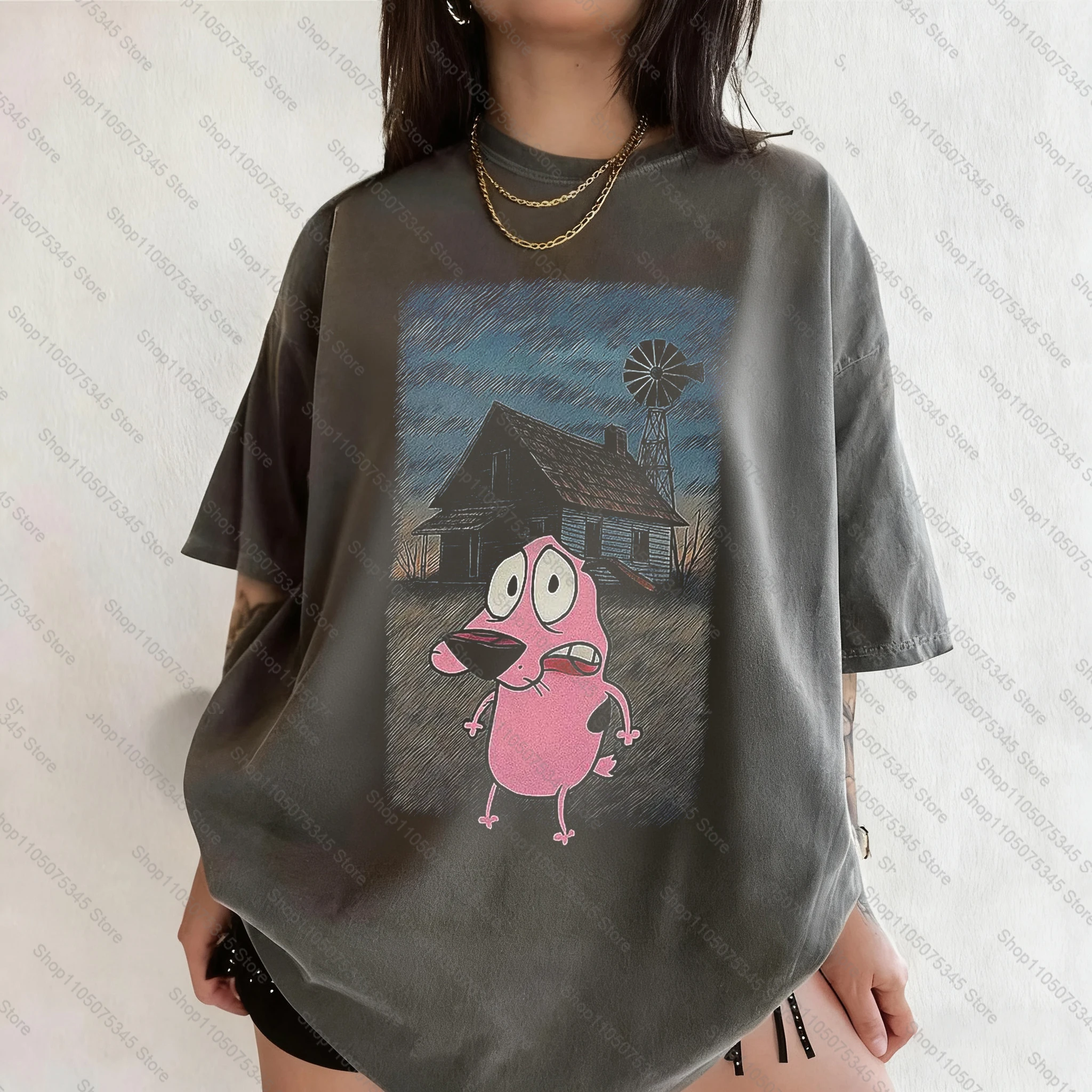 خمر الشجاعة الجبناء الكلب الكرتون طباعة تي شيرتات قصيرة الاكمام ريترو للجنسين الجرافيك المحملة 90s الحنين الصيف الشارع الشهير المحملة