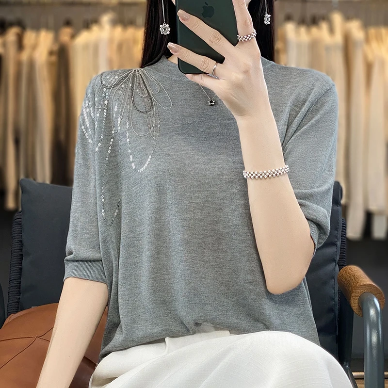 23 Summer New Tencel Knitted Short Sleeve Women\'s Round Neck Solid Color One Shoulder Sequin Sewn Loose Fashion Style Knit Shirt