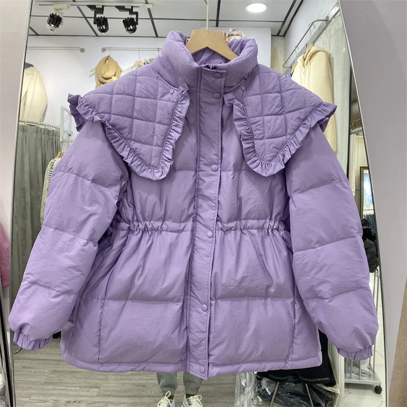 2022 Women Autumn Winter Loose Padded Zipper Solid Color Short Jacket Stand Doll Collar Casual All Match White Duck Down Coat