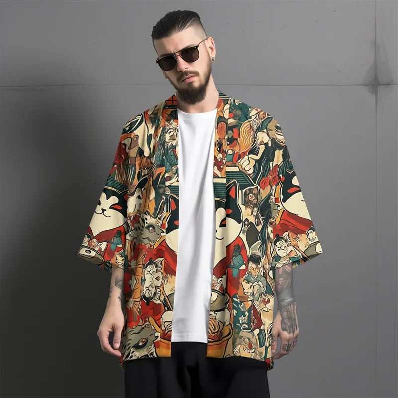 

Women Casual Loose Kimono Japanese Traditional Clothing Men Anime Cat Printed 2025 Summer Beach Cardigan Haori