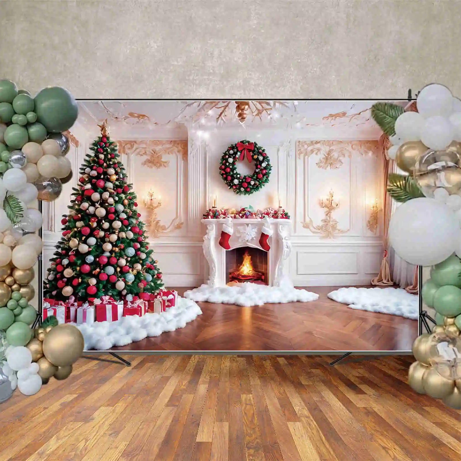 MOON.QG 화이트 크리스마스 트리 배경, 겨울 눈 벽난로, 거실 실내 배경, 파티 장식, 사진 촬영 액세서리