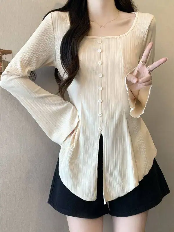 

plus Size Women's Long Sleeve T-Shirt Square Collar Flared Sleeve Regular Fit Spring Autumn Slimming Base Shirt Korean Style