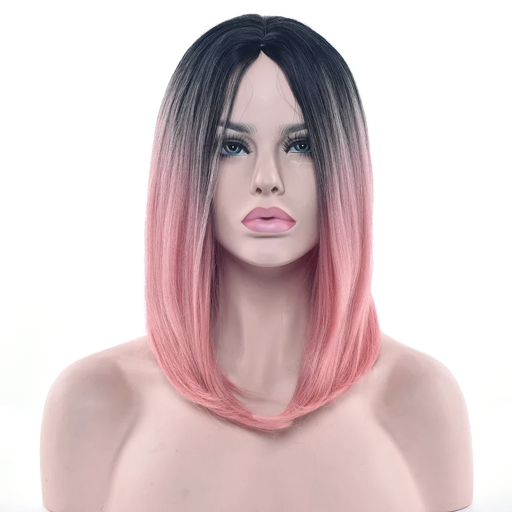 Soowee 11 Colors Black To Pink Ombre Hair Straight Bob Wigs Synthetic Hair Short Party Hair Cosplay Wig for Women