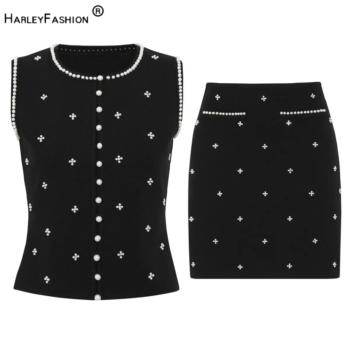 

2026 Summer Lady High Quality Solid Suit Beading O-neck Sleeveless Single-breasted Cardigan Slim Mini Skirt Women Knit 2pcs