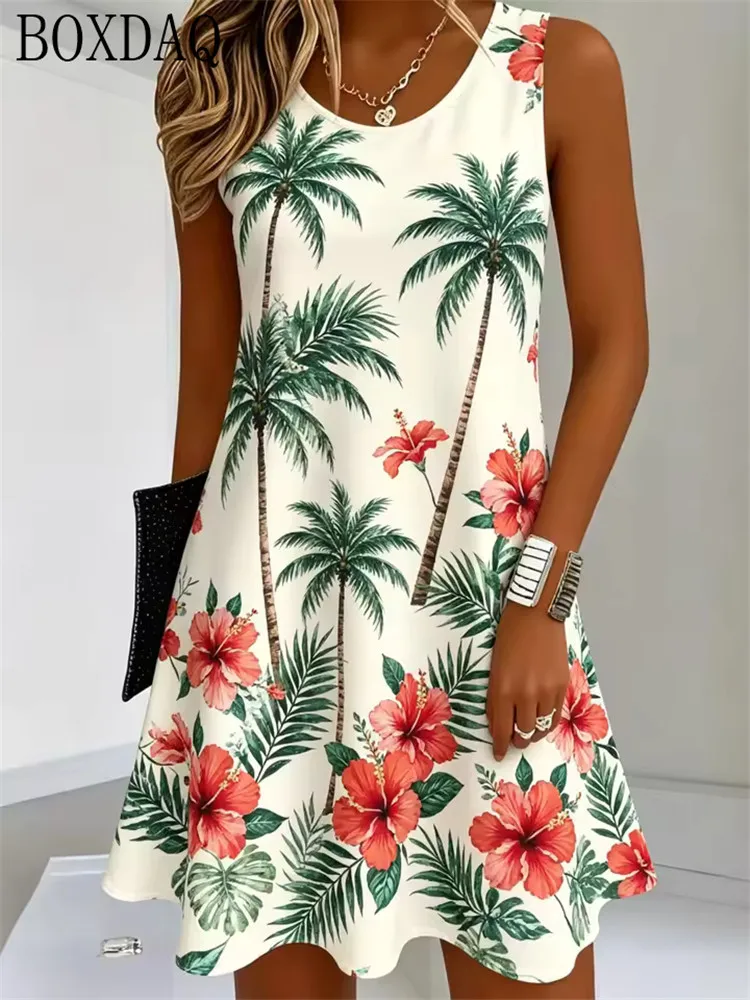 Ladies' tropical leaf print loose dress beach summer round neck sleeveless casual and comfortable women's beach dress 2026
