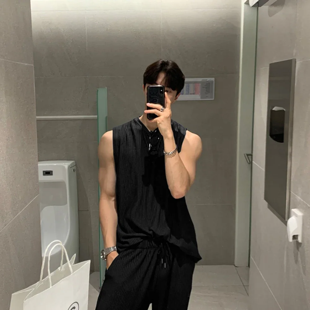 New Summer Clothing Mens Casual Tank Tops Set Luxury Korean Streetwear O Neck Solid Drape Vest and Trousers 2 Piece Suit