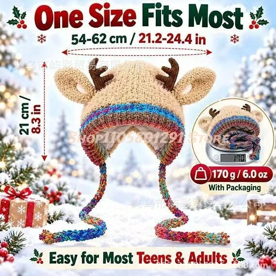 2027 New Fashion Cute Christmas Antlers Plush Soft and Comfy Keep Warm in Autumn and Winter Ear Protectors Knitted Wool Hat