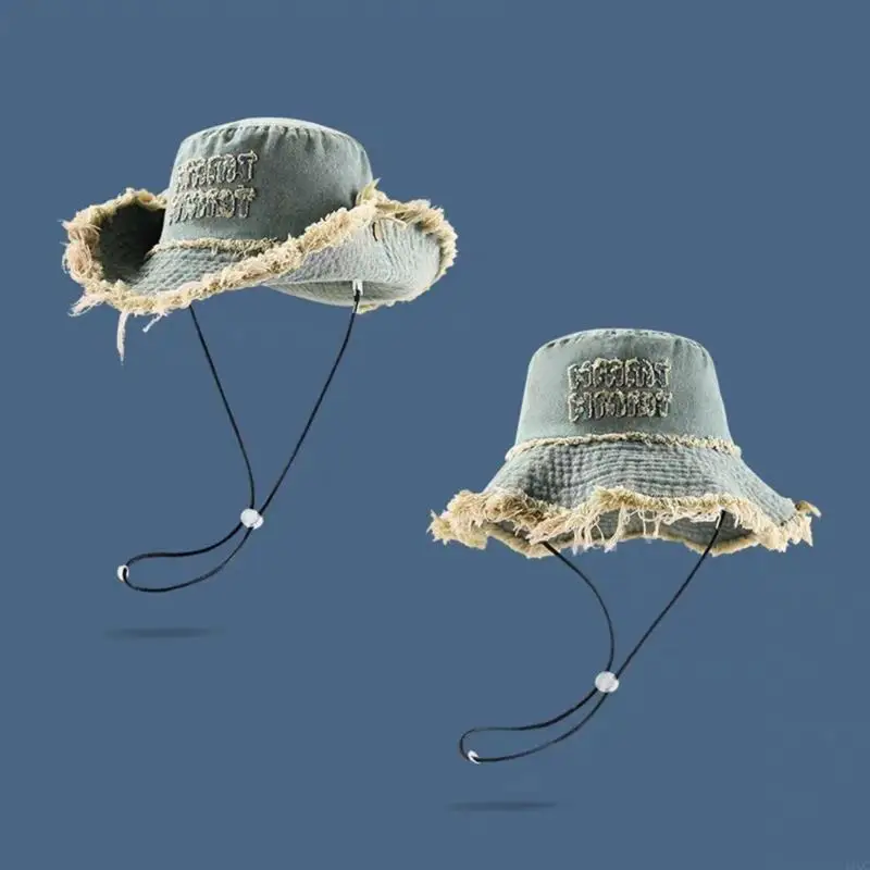 Retros Styles Distressed Denims Fisherman Hat Wide Border Drawstring Hat for Hiking Fishing and Casual Outfits 