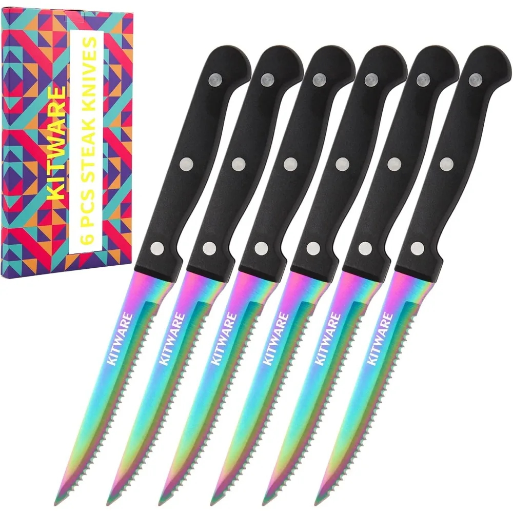 

Rainbow Steak Knife Set with Gift Box, 6-Piece Sharp Steak Sets of Knives, 4.5 Inch Stainless Steel Black Handle Meat Kn